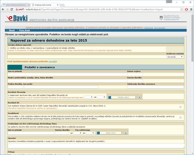 eDavki - napoved za odmero dohodnine 2015